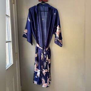 Elegant Japanese Style Navy Bird Print Robe NEVER WORN M